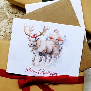 Santa and Reindeer Christmas Cards, Santa Reindeer and Sleigh Christmas Card Set, Santa Merry Christmas Cards, Handmade Santa Christmas Card