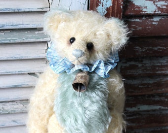 Handmade Mohair Teddy Bear, Artist Made Blue and Cream Mohair Teddy Bear, Two Tone Mohair Teddy Bear, Artist Made and Designed Mohair Bear