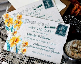 Yellow Daffodil Save the Date Cards,Vintage Postcard with Yellow Daffodil Save the Dates,Daffodil Wedding Stationery, Yellow Daffodi Notesl