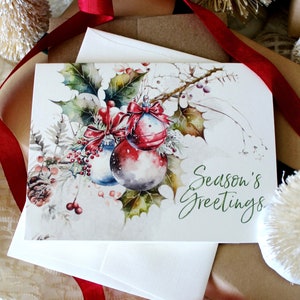 Christmas Cards, Season&#39;s Greetings CArds with Holly, Pinecones and Christmas Ornaments, Merry Christmas Cards, Handmade Christmas, Rustic