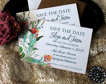 Save the Date Cards, DIY Save the Date, Art Noveau Style Save the Date, Botanical Wedding Cards, Tulips and Greenery Save the Date Cards