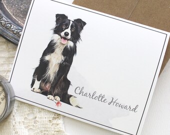 Border Collie Note Card Set, Border Collie Note Cards, Border Collie Personalized Note Cards, Black and White Border Collie Note Cards