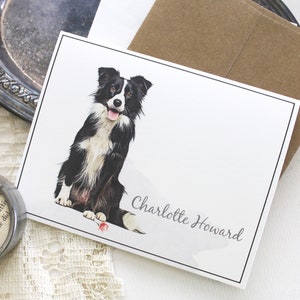 May include: A white card with a black and white border collie dog illustration. The dog is sitting with its tongue out and looking at the camera. The text "Charlotte Howard" is printed in gray at the bottom of the card.