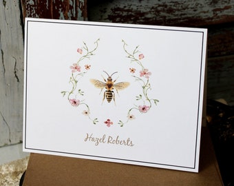 Personalized Botanical Note Cards, Honey Bee Personalized Cards, Gardener Note Cards, Nature Lover's Note Cards, Note Cards with Honey Bee