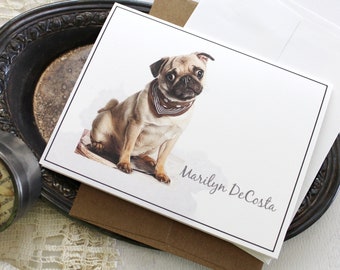 Pug Note Cards Personalized, Custom Pug Notecards, Set of Personalized Pug Note Cards, Pug Stationery by avintageobsession