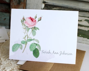 Vintage Moss Rose Personalized Note Card Set