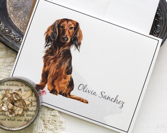 Dachshund Personalized Note Cards, Doxie Custom Note Card Set, Long haired Doxie Notecards, Long haired brown Doxie Cards, Doxie Stationery