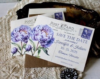 Vintage Postcard Save the Date with Purple Peony, Purple Peony Save the Date, Lavender Peony, Purple Peony Save Date, Purple Peony Wedding