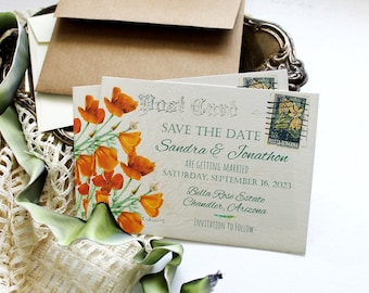 Save the Date Wedding Cards, Vintage Postcard Save the Date, PRINTABLE Save the Date Cards, DIY SAve the Date Cards, CA Poppy Save the Date