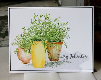 Herbs in Pots Note Cards, Potted Herbs Note Cards, Rosemary Parsley Tyme Note Card Set, Personalized Herb Note Card Set, Herb Stationery ,