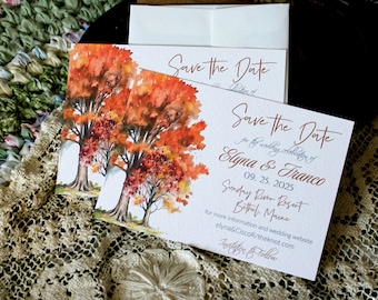 Autumn Save the Dates, Fall Save the Date Cards, Vintage Postcard Save the Date, DIY Save the Date, Colorful Tree Save the Date