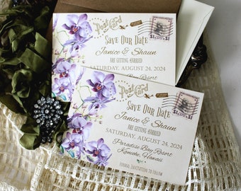 Purple Orchids Save the Date Cards, Save the Date Cards, Vintage Postcard Save the Dates with Envelopes, Handmade Purple Orchids Save Date