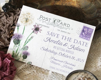 Save the Date Cards, Purple Flowers Save the Date, Vintage Postcard Save the Date, Wedding Stationery, DIY Save the Date