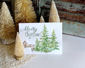Vintage Winter Scene Christmas Card Set: Handmade Evergreen Stationery