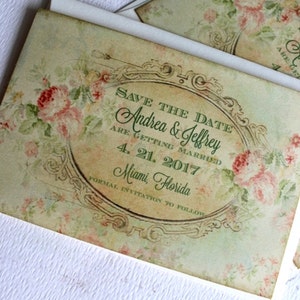 Green Floral Background Save the Date Cards - Vintage Save the Date - Romantic Wedding Save the Date - Handmade by avintageobsession on etsy