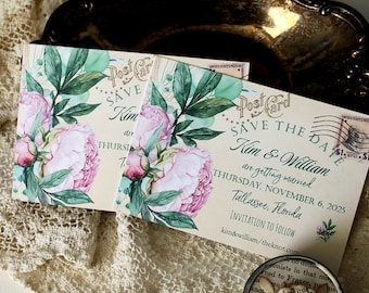 Vintage Postcard Save the Date, Pink Peony Flowers and Greenery Save the Date Cards, DIY SAve the Date Card, Handmade Peony Save the Dates