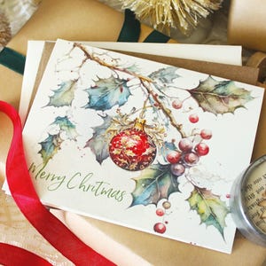 Christmas Greeting Card Set, Rustic Christmas Cards, Handmade Christmas Card Set, Holiday Greetings, Holly Berries and Ornament Card