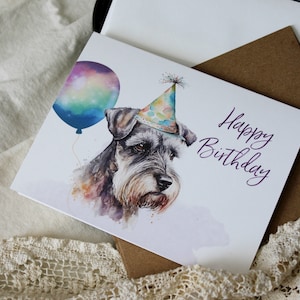 Schnauzer Birthday Card: Party Hat Dog, Recycled Cardstock