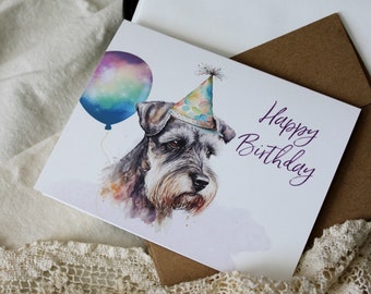 Schnauzer Birthday Card: Party Hat Dog, Recycled Cardstock