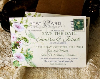 Pink Flowers and Vines Save the Date Cards, Vintage Postcard Save the Dates, Pink Morning Glory Fowers and Green Vines Save the Date Cards