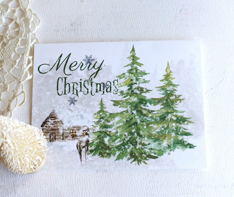 Christmas Card Set Merry Christmas Cards Evergreen Trees Etsy