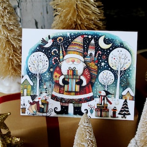 Folk art Santa Christmas Card, Vintage Santa Christmas Card Set, Seasonal Santa Card Set, Winter Santa Stationery, Handmade Stationery