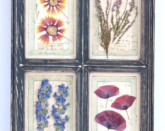 Tall Pressed Flower Wall Hanging Art, French Country Decor, Vintage Farmhouse Botanical Herbarium, Antique Large Frame Window Display