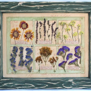 Decorazione da parete con fiori pressati, decorazione vintage in stile fattoria, erbario paesaggistico, piante essiccate incorniciate, cornice per foto di cottage con erbe essiccate