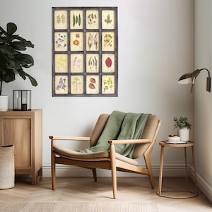 Arte floral vintage: Marco negro grande de estilo rústico, ideal para colgar en la pared de la cocina o como parte de un herbario botánico.