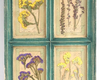Tall Narrow Wall Art, French Decor Rustic Farmhouse Artwork, Dried Pressed Wild Flowers Framed Herbs Set, Vintage Wood Frame