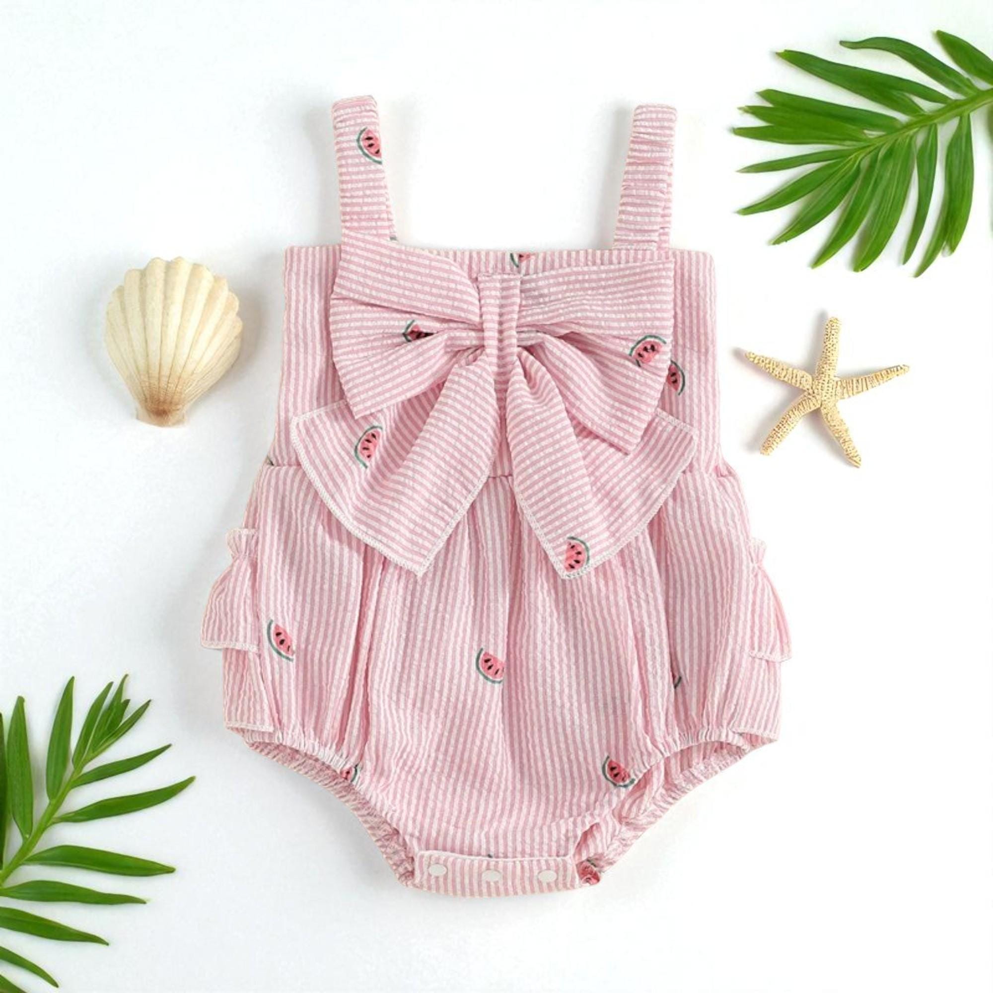 Baby Girls Summer Big Bow Romper, Baby Watermelon Striped Sleeveless Jumpsuit, Fashion Cute Baby Clothes, Baby Photoshoot Outfits