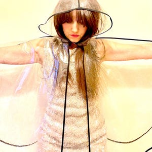 May include: A clear plastic hooded cape with black trim. The cape is worn over a silver sequined dress.