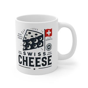 Cheese Lover Mug 11oz, Swiss Cheese Cup, Emmental Cheese Gift, Switzerland Flag Coffee Mug, Foodie Tea Cup