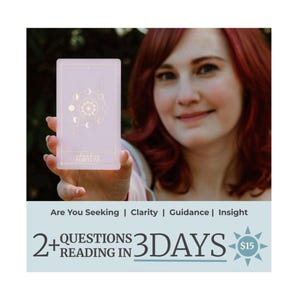 May include: A light pink tarot card with a gold design of moons and a sun is held up in front of a person. The card reads "wheel of fortune". Below the card, text reads "Are You Seeking | Clarity | Guidance | Insight". The text "2+ QUESTIONS READING IN 3 DAYS" is also visible.