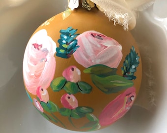Hand-painted Christmas Ornament, Unique Ornament, Yellow Floral Hand-Painted Ornament, Floral Christmas Ornament, Heirloom Ornament