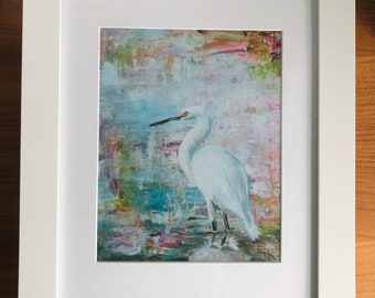 White Heron Painting, Egret 8x10 Art Print, wildlife art, coastal art, bird paintings