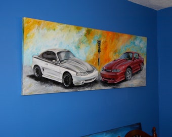 Car Paintings - Custom Classic Car Portrait, Vintage Car Art, Car Enthusiast Gift, Acrylic Painting, Mustang Art, Mustang Portrait