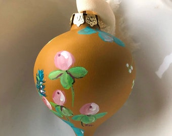 Ornament, Yellow Ochre Floral Hand Painted Christmas ornament - oblong