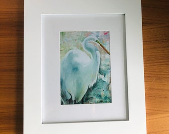 White Heron Painting, Coastal Art, White Bird Art print, Wildlife Art, Ocean Decor, Art Prints, greeting card, Egret painting