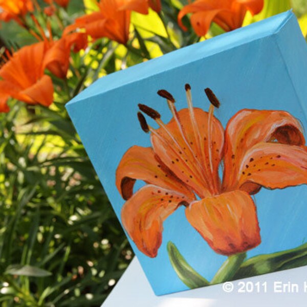Lily orange peinture, petites illustrations color&eacute;es et lumineuses, peinture de fleurs, bleu