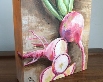 Radish Art, Original Painting, Vegetable Art, Kitchen Art, Small Art, Foodie Gifts, Gardener Gifts, Pink Paintings, Food Art