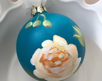 Christmas Ornament, Floral Hand-Painted, Blue Globe ornament