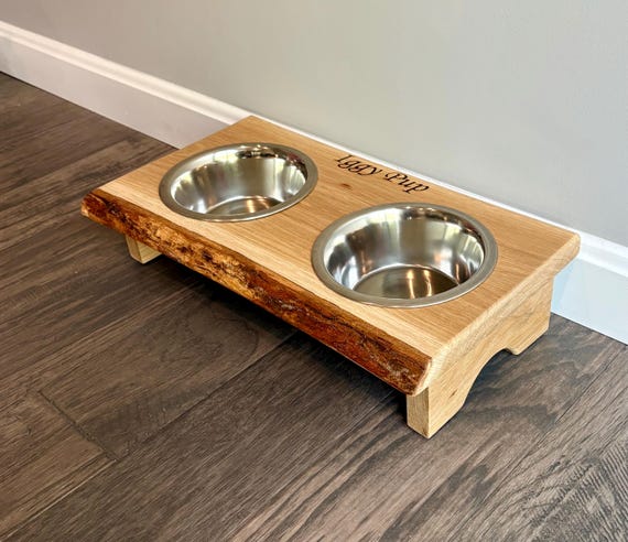 Live Edge Oak Dog Bowl Stand: Rustic Farmhouse Style Bowls