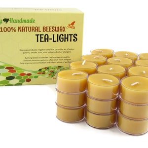 Hand-poured, beeswax tea lights in the color Natural. Plastic, candle safe cups.