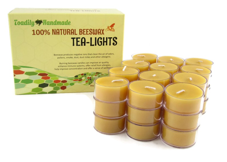 Hand-poured, beeswax tea lights in the color Natural. Plastic, candle safe cups.