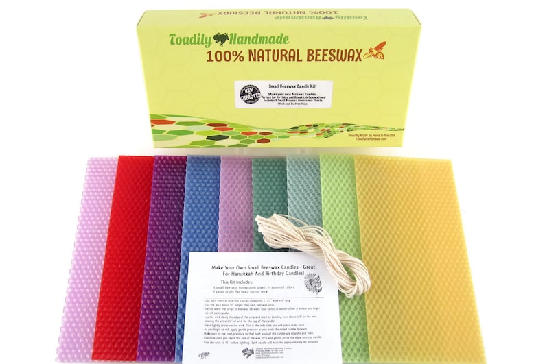Small Beeswax Candle Making Kit.9 sheets of beeswax pre cut, in an assortment of colors. Kit contains instructions on how to roll candles plus wick!