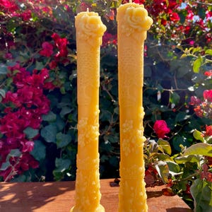 100% Beeswax - Ornate Floral Column Candle in Natural and Ivory