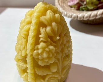 100% Beeswax - Solid Detailed Egg Pillar Candle in Natural and Ivory
