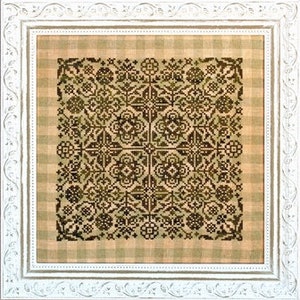May include: A black and white cross stitch pattern with a green and white gingham background. The pattern features a variety of geometric shapes and designs.