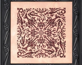 May include: A framed cross-stitch embroidery featuring a repeating pattern of stylized dragons in a dark red color on a light beige background.